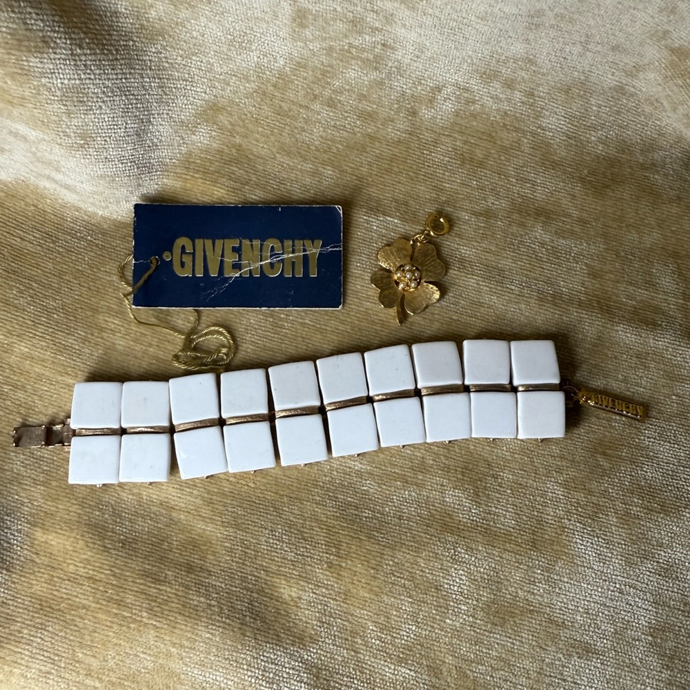 Givenchy vintage white tile and Gold Bracelet with four leaf clover charm